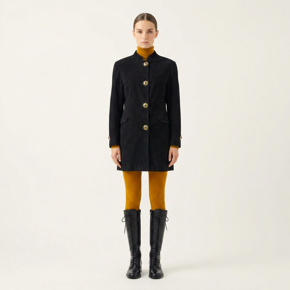 60s 70s Black Kid Suede 3/4 Coat Jacket SOFT Beautiful Buttons